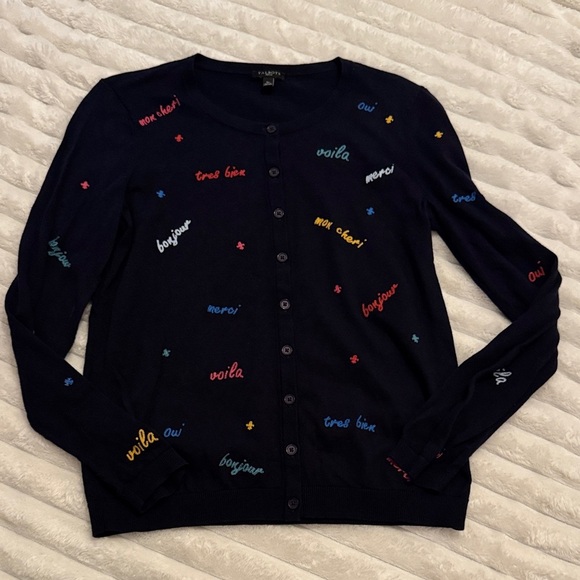 Talbots Sweaters - Talbots PSmall Navy French Script Cardigan Sweater Bonjour Oui Button Front